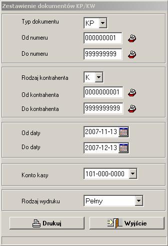 VinCent moduł GM 20.3 Zestawienie dokumentów KP/KW. Podręcznik użytkownika Rysunek 203. Zestawienie KP/KW parametry wydruku.