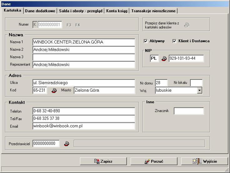 VinCent - moduł GM 12.1 Klienci Edycja klientów Dane klientów podzielone zostały na pięć zakładek Kartoteka, Dane dodatkowe, Salda i obroty przegląd, Konta ksiąg, Transakcje nierozliczone.