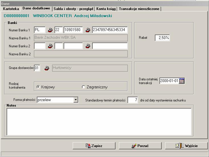 VinCent - moduł GM 12.3.2 Dane dodatkowe. Symbol banku 1 Symbol banku 2 Rabat Grupa dostawców Rodzaj kontrahenta Data ostatniej transakcji Notes Forma płatności Standardowy Rysunek 27.