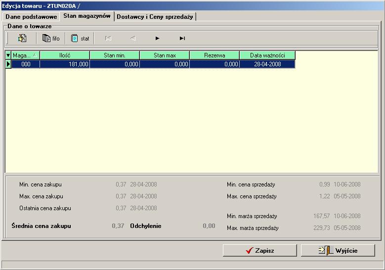 VinCent - moduł GM Wyjście z okna edycji towarów. 12.7.2 Stan magazynów. W tym oknie znajdziesz informacje statystyczne związane z obrotem danego towaru i jego stanem na poszczególnych magazynach.
