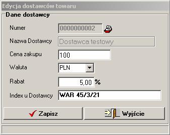 VinCent - moduł GM 12.7.3 Dostawcy i Ceny sprzedaży. 12.7.3.1 Dostawcy. Rysunek 50. Kartoteka towaru dostawcy i ceny sprzedaży.