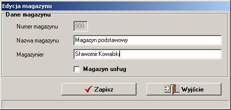 VinCent moduł GM 12.10.1 Definiowanie/Edycja magazynu Podręcznik użytkownika Rysunek 57. Magazyny- edycja kartoteki. Numer Nazwa magazynu Magazynier Magazyn usług Trzycyfrowy numer magazynu.