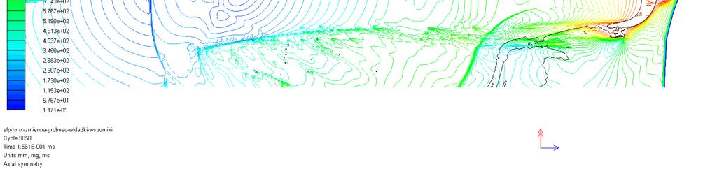 t = 156,1 us; V = 1298 m/s, X = 200 mm Proces dalszego formowania