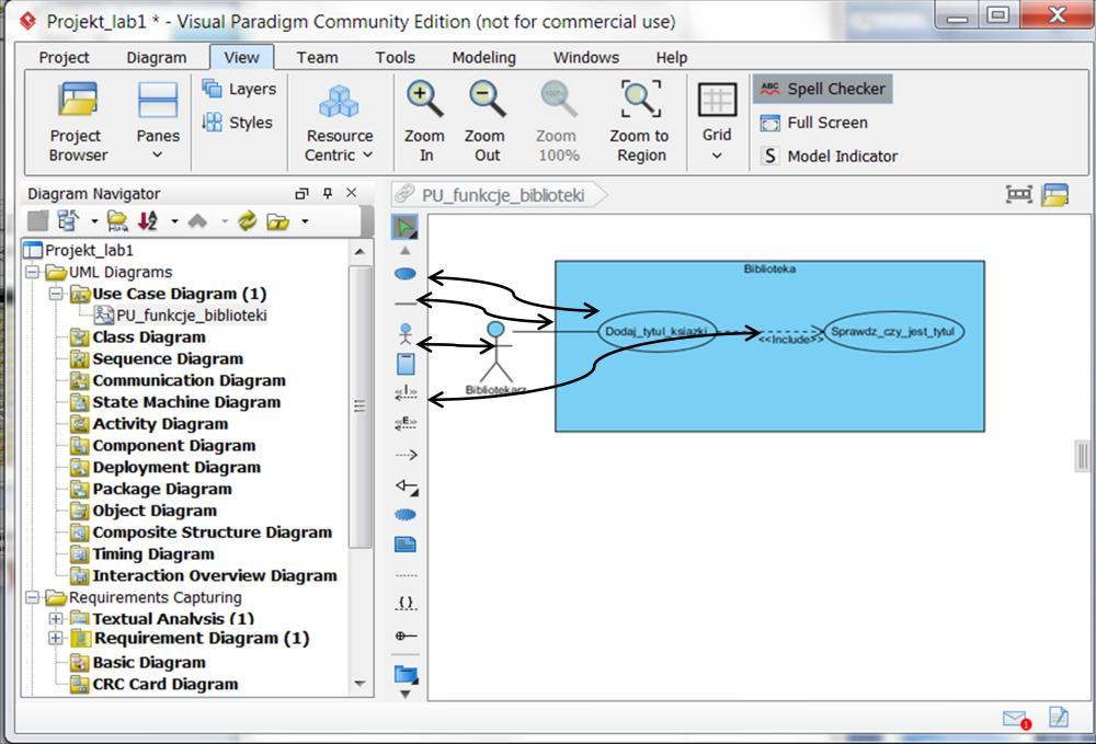 1.3. Wstawianie do projektu diagramu typu Use Case (DPU) definicja przypadków użycia specyfikujących wymagania stawiane aplikacji w zakresie wstawiania zasobów biblioteki Przeciągnięcie ikon Actor,