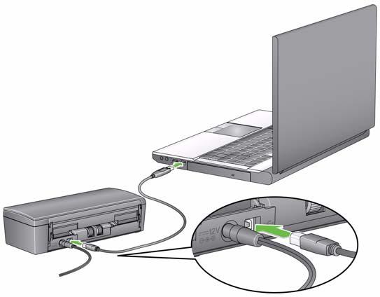 4. Umieść wtyczkę kabla USB do przesyłu danych w porcie USB znajdującym się z tyłu obudowy skanera. 5.