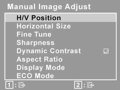 Element Objaśnienie Manual Image Adjust (ręczna regulacja obrazu) wyświetla menu ręcznej regulacji obrazu. H./V.