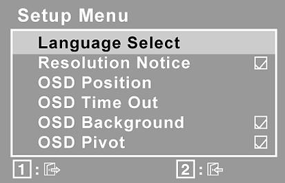 następujące menu: Language Select (Język) pozwala wybrać język, w którym wyświetlane będą menu i ekrany ustawień. Resolution Notice (Informacja o rozdzielczości) zawiera zalecenia nt.