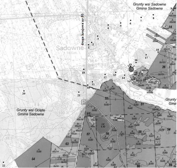 94 Archives of Waste Management and Environmental Protection, vol. 17 issue 1 (2015) Rys. 3.1. Rozmieszczenie poszczególnych stanowisk badawczych na terenie gminy Sadowne [31].