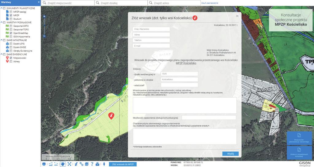 MAPA INTERAKTYWNA W ramach konsultacji MPZP Kościelisko uruchomiono nowe narzędzie ułatwiające wymianę informacji - mapę interaktywną umożliwiającą złożenie wniosku do MPZP Kościelisko.