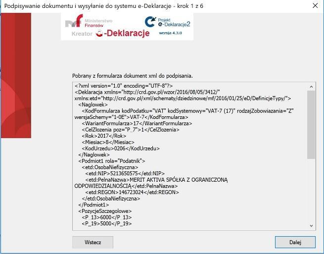 Kolejny ekran to deklaracja w formie dokumentu XML, czyli forma, w której zostanie dostarczony