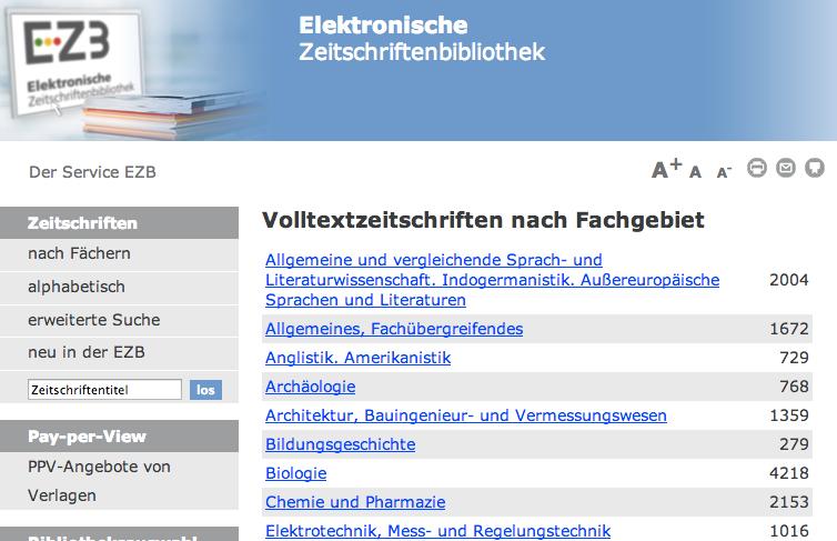 Lista regensburska (Elektronische Zeitschriftenbibliothek EZB) zawiera informacje o dostępie do elektronicznych czasopism naukowych: darmowych i licencjonowanych udostępniających w wersji
