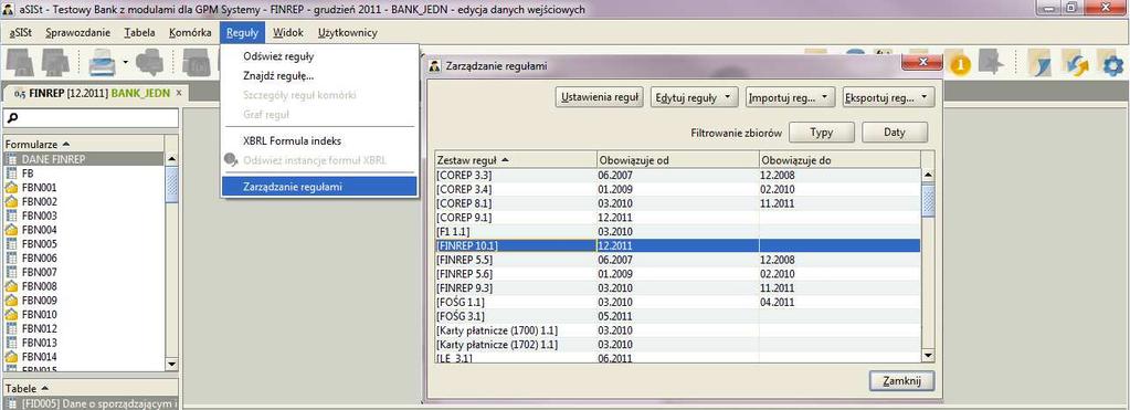 Przeglądarka reguł w systemie asist asist prezentuje zestawy reguł w formie filtrowanej listy. Jako kryteria filtrowania dostępne są: grupa reguł daty typ reguły Rysunek 1.