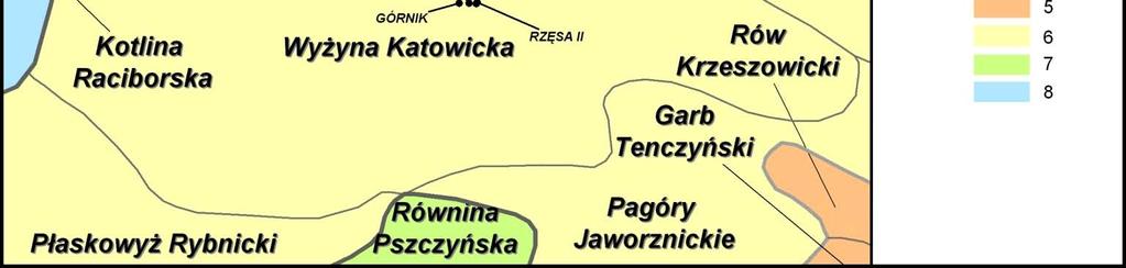 granice makroregionów, 5 Wyżyna Krakowsko-Częstochowska, 6 Wyżyna Śląska, 7 Kotlina Oświęcimska, 8 Nizina Śląska Fig. 1.