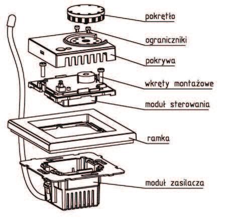 Podłączyć przewody instalacyjne oraz czujnik temperatury do modułu zasilacza wg schematu zamieszczonego na wewnętrznej stronie pudełka 6. Zamocować w puszce moduł zasilacza regulatora. 7.