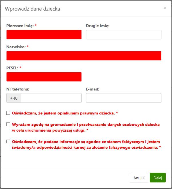 Wprowadzone dane dziecka muszą być prawidłowe, a wymagane przez bank oświadczenia i zgody zaakceptowane poprzez zaznaczenie odpowiednich kwadratów.