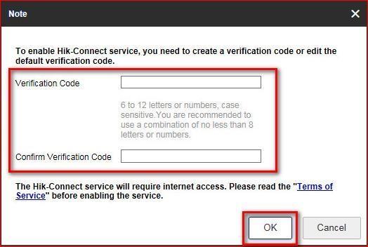 Podczas pierwszego uruchomienia usługi Hik-Connect użytkownik musi utworzyć kod weryfikacyjny. i. Wpisz swój własny zdefiniowany kod weryfikacyjny i potwierdź. ii.