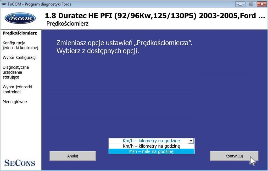 Rys. 11 - program FoCOM - zamiana wskazań licznika z mph na km/h.