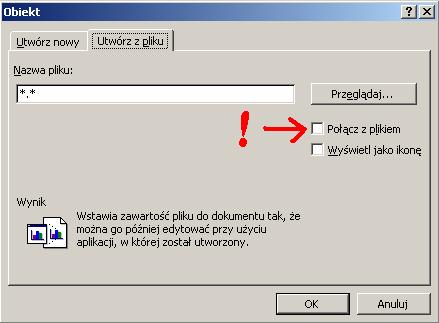 Łączenie i osadzanie obiektów Technika OLE (Object Linking and Embedding), nowsze OLE2. Osadzenie wklejenie obiektu na stałe do dokumentu (z użyciem schowka lub Wstaw.