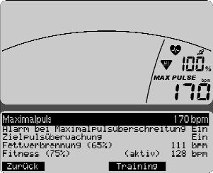 Przy Maximalpuls [Tętno maksymalne] możesz tę wartość zredukować lub wyłączyć.
