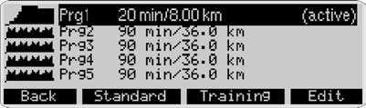 Tryk på Edit for at skifte til under menu Editting programme. Hvert minut vises som en søjle. Trænings tiden kan variere fra 20 til 90 minutter. Brug - / + tasterne til ændre tiden med 10 minutter.