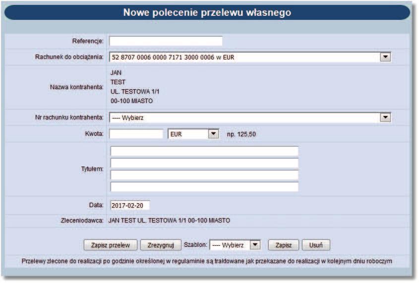 Rozdział 11 Przelewy Należy wprowadzić następujące dane:! Referencje - w polu tym można wpisać dowolne literowe i/lub cyfrowe oznaczenie przelewu np. Przelew własny.