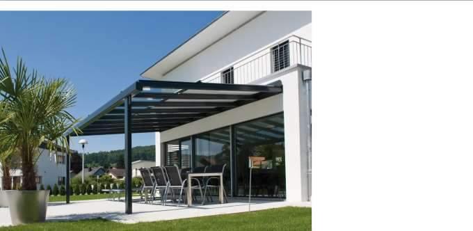 TERRADO GP5100 / GP5200 / GP5300 Pergola tarasowa ze szklanym dachem i wysięgiem 500 cm Pergola ze szklanym dachem z bezpiecznego szkła laminowanego LSG grubości 8 lub 10 mm i opcjonalną markizą