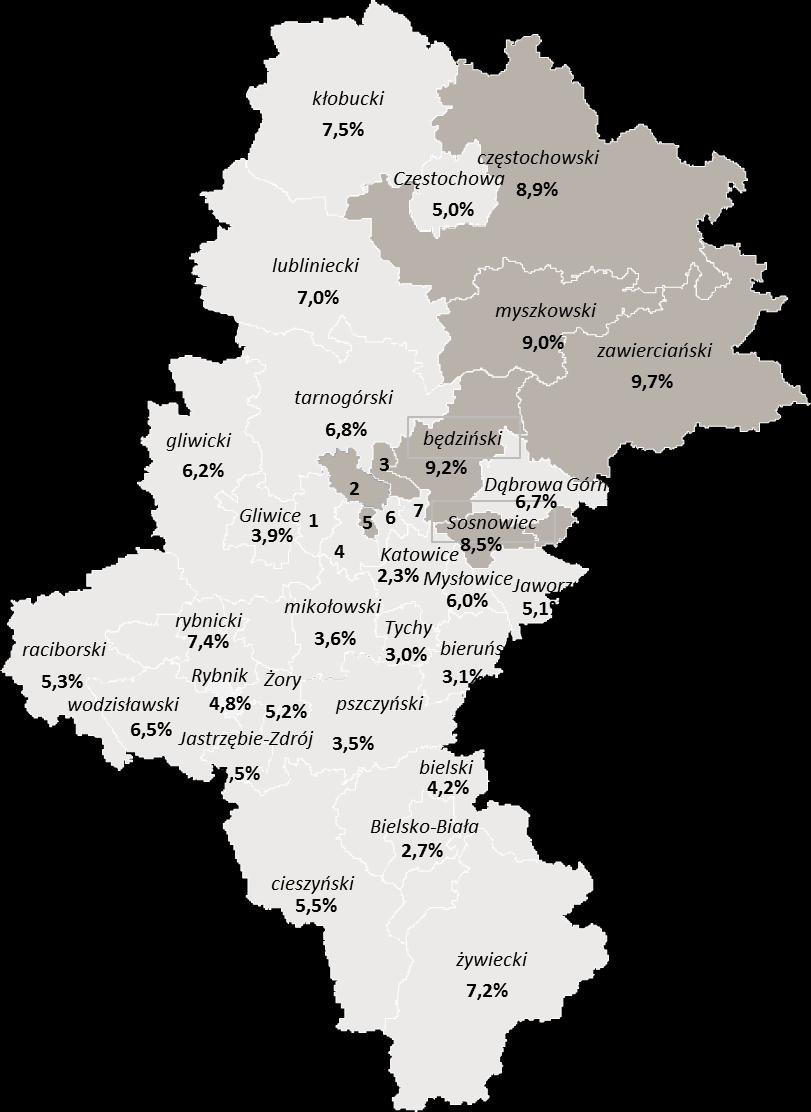 Ruda Śląska 4,3% 5 m. Świętochłowice 8,3% 6 m.