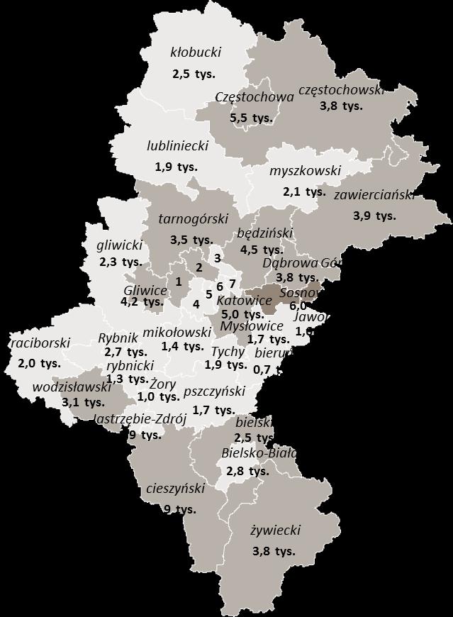 LICZBA OSÓB BEZROBOTNYCH W POWIATACH (W TYS.) 1 m. Zabrze 3,8 tys. 2 m. Bytom 5,5 tys. 3 m. Piekary Śląskie 1,4 tys. 4 m. Ruda Śląska 1,9 tys. 5 m. Świętochłowice 1,0 tys. 6 m. Chorzów 2,6 tys. 7 m.