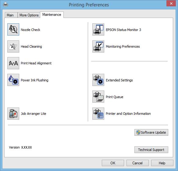Informacje o aplikacjach Karta Konserwacja Ta karta umożliwia wykonywanie czynności konserwacyjnych, takich jak sprawdzanie dysz i czyszczenie głowicy drukującej, a uruchomienie programu EPSON Status