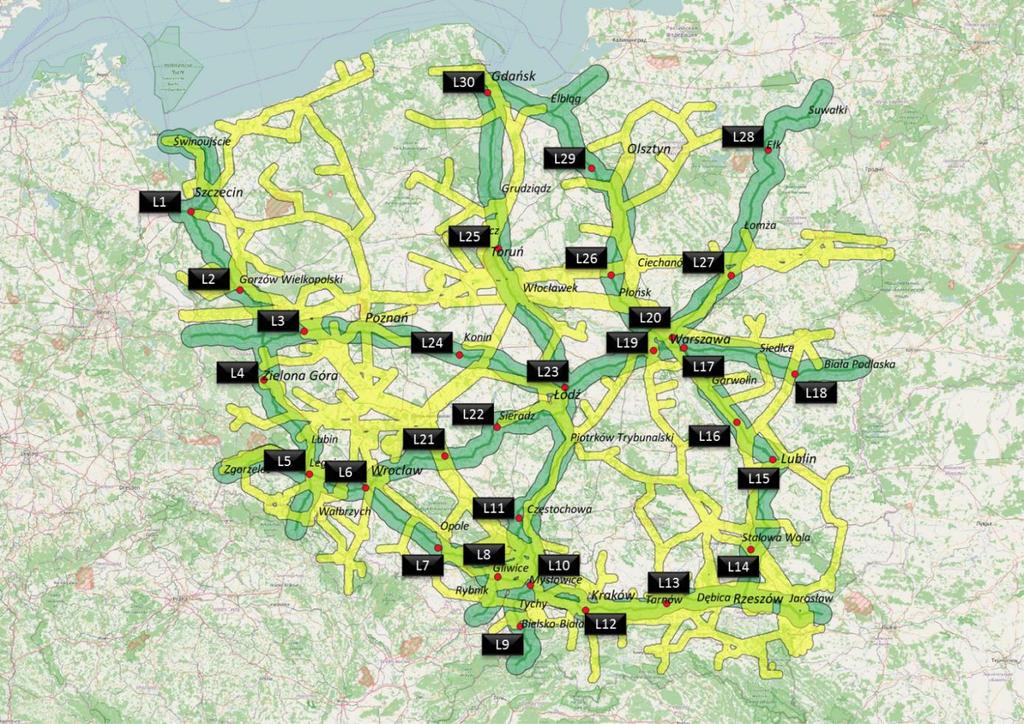 Mapa potencjalnych 30 lokalizacji stacji tankowania paliwami alternatywnymi CNG,