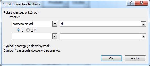 Na początek poszukajmy nazw produktów rozpoczynających się od litery d. Aby uzyskać ich listę: 1. W pierwszej kolejności Usuńmy kryterium filtrowania z poprzedniego ćwiczenia. 2.