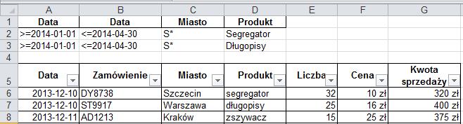 Rysunek 7. Kryteria dla filtra zaawansowanego 3. Zaznacz dowolną komórkę w tabeli z danymi (nie w kryteriach). 4. Z karty Dane wybierz Sortowanie i filtrowanie/zaawansowane.