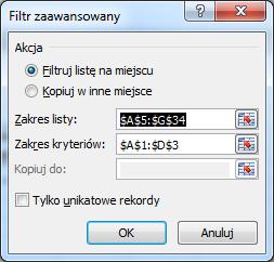 Zaznacz zakres, w którym znajdują się przygotowane kryteria (razem z nagłówkami). Wróćmy do okna dialogowego Filtr zaawansowany i kliknij OK. Niepotrzebne rekordy zostaną ukryte.