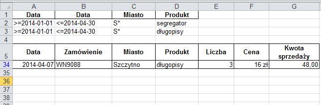 Rysunek 9. Dane przefiltrowane z użyciem filtra zaawansowanego Załóżmy, że do naszego przykładowego arkusza z danymi, w jednej z kolumn, chcesz wpisać stawkę VAT dla poszczególnych transakcji.