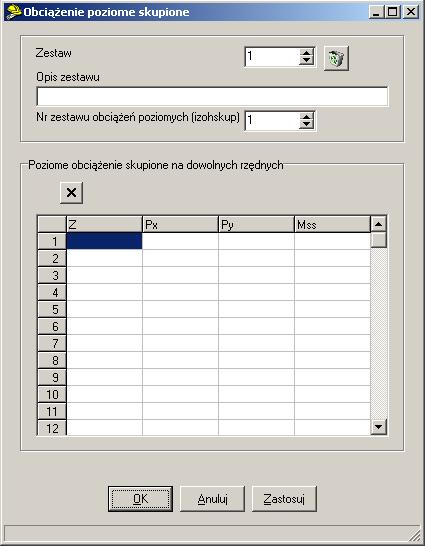 Dokumentacja techniczna: Obciążenia 3 1 2 4 5 6 7 8 9 Znaczenie poszczególnych pól jest następujące: 1. Numer zestawu (przyjmuje wartości od 1) 2. Usunięcie zestawu 3. Opis zestawu 4.
