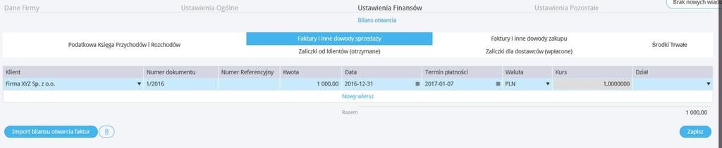 dzień 31 grudnia roku poprzedniego. Wprowadź bilans otwarcia dla każdej z kolumn głównych.