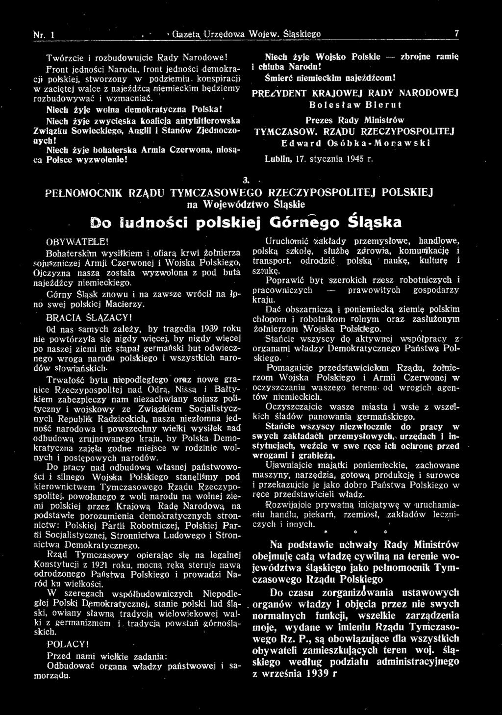 PREzfYDENT KRAJOWEJ RADY NARODOWEJ Bolesław Bierut Prezes Rady Ministrów TYMCZASOW. RZĄDU RZECZYPOSPOLITEJ Edward Os óbka-mo rawski Lublin, 17. stycznia 1945 r. 3.