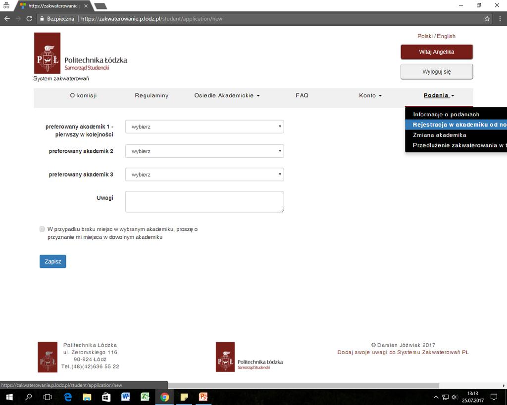W zakładce Podania wybierz odnośnik Rejestracja w akademiku od nowa.