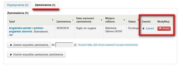 W celu anulowania rezerwacji należy wejść na Konto użytkownika i w zakładce Wypożyczenia przejść do Zamówienia. Każdą z zamówionych pozycji można anulować, zawiesić lub wznowić. 4.3.