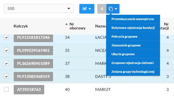 REJESTRACJA GRUPOWA Dla niektórych zdarzeń możliwa jest rejestracja grupowa, znacznie przyspieszająca pracę. Polega ona na wybraniu zwierząt, dla których zaszło to samo zdarzenie (np.