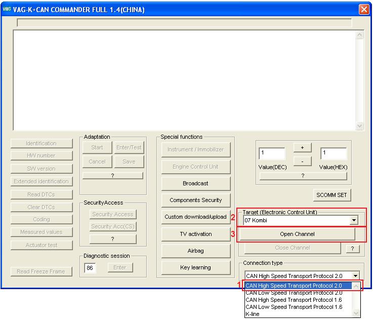 B) Diagnostyka po linii CAN (wiekszosc aut od rocznika 2004) w programie VAG K+CAN COMMANDER FULL 1.4: 1) Uruchom program VAG K+CAN COMMANDER FULL 1.4. W ramce Connection Type (Typ Polaczenia) (1) wybierz CAN High Speed Transport Protocol 2.