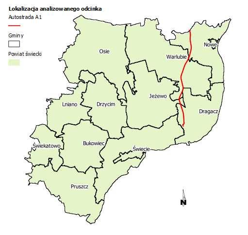 Str. 36/74 Rys. 2. Lokalizacja analizowanych odcinków autostrady A-1 na tle powiatu świeckiego w województwie kujawsko pomorskim.