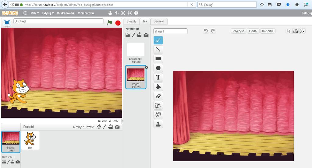[10/23] Podstawy programowania w Sctatch. Wybrane tło możemy jeszcze edytować (podobnie jak postać Duszka), czyli coś dorysować, usunąć, pomalować. Zdj. 17. Dodawanie tła. Narzędzia do edycji tła.