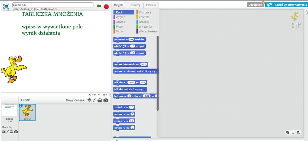 [17/23] Podstawy programowania w Sctatch. Teraz zmieniamy wygląd duszka i jego nazwę. Wybieramy duszka kaczkę i nadajemy jej nazwę Iloczyn. (Opis tych czynności był wcześniej).