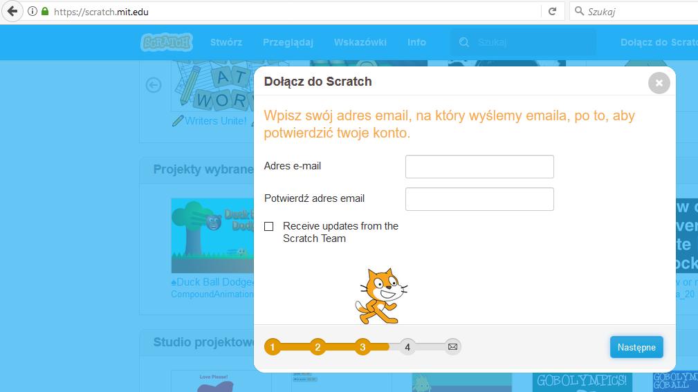 potwierdzenie hasła. Wybieramy Następne. Krok 2. Krok 3. Zdj. 4. Rejestracja w programie Scratch krok 2.