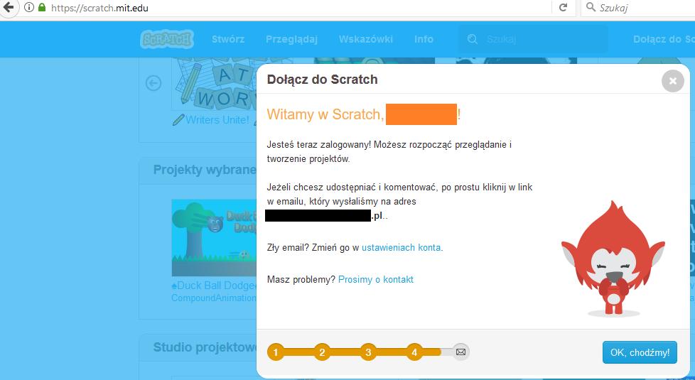 Krok 4. [4/23] Podstawy programowania w Sctatch. Zdj.6. Rejestracja w programie Scratch krok 4. Powitanie nas w Scratchu.
