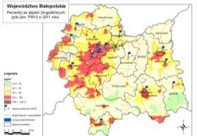 Obszar przekroczeń poziomu średniodobowego pyłu PM10 [źródło: Program ochrony powietrza dla województwa małopolskiego]. Rysunek 3.