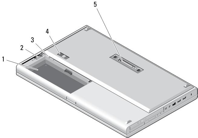 M6700 widok podstawy Rysunek 6. Widok podstawy 1. wnęka akumulatora 2. dźwignia wysuwania dysku twardego 3. gniazdo karty SIM 4. dźwignia zwalniająca akumulatora 5.