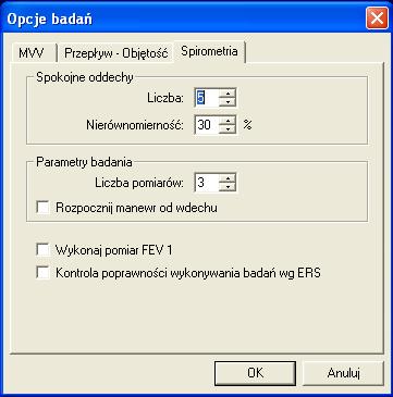 4.1. Spirometria 4.1.1. Opcje badań Opcje badania dostępne są na zakładce Spirometria ( Rys. 4.1) okna dialogowego Opcje badań. Okno zawiera następujące elementy: Rys. 4.1 Okno dialogowe Opcje badań Spirometria.