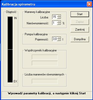 6. Kalibracja spirometru Kalibrację spirometru wykonuje się za pomocą okna dialogowego Kalibracja spirometru ( 6.1.) dostępnego po wybraniu polecenia Kalibruj spirometr (menu Narzędzia).